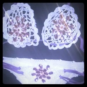 White crochet bikini with purple strings
